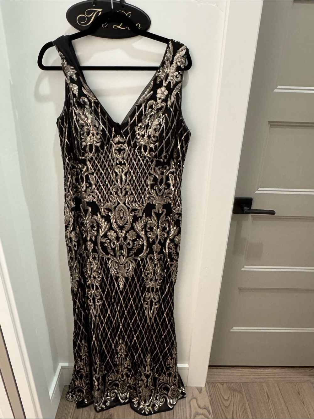 R&M Richards Black and Gold Embroidered Maxi Dress